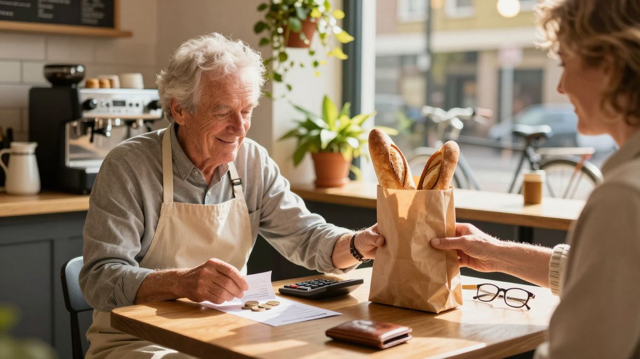 Oudere man in schort verkoopt stokbroden in verpakking aan klant in een gezellige bakkerij.