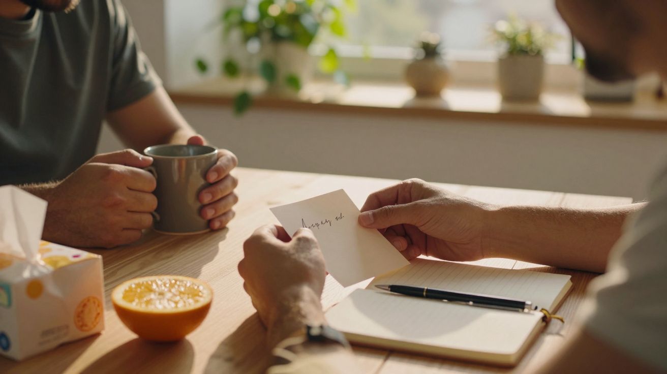 Twee mensen aan tafel, één houdt een mok, de ander een briefje. Op tafel ligt een sinaasappel, notitieblok en pen.
