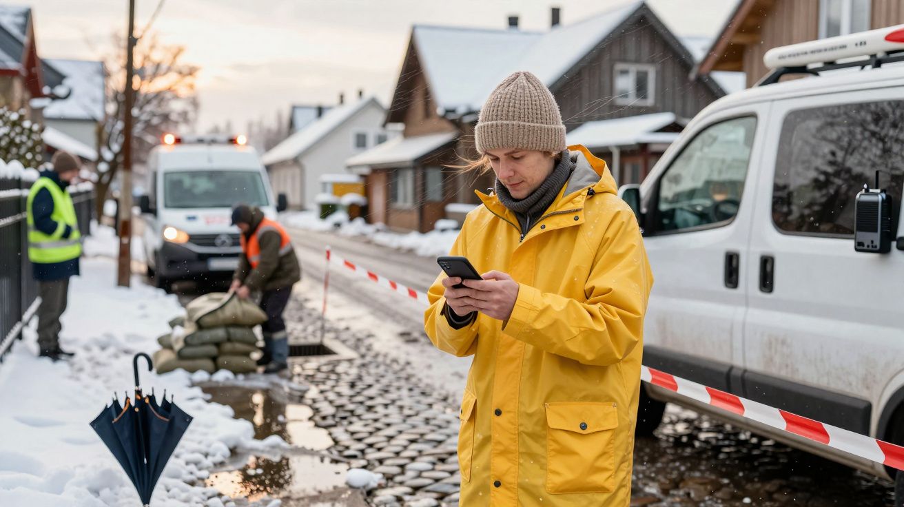 Persoon in gele jas met telefoon, winterweer, werklui en busjes op achtergrond, straat afgesloten met lint.