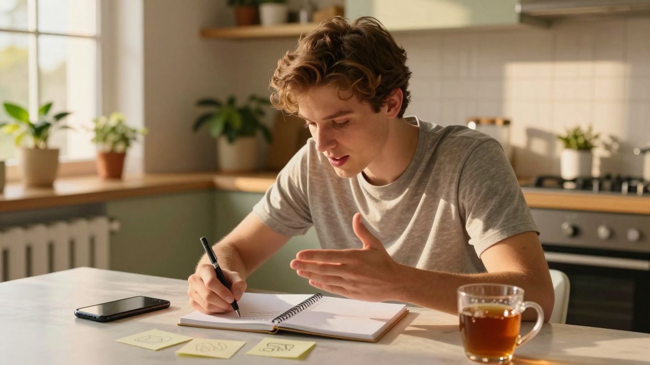 Jonge man aan tafel in keuken, schrijvend in een notitieboek. Smartphone en glas thee naast hem.