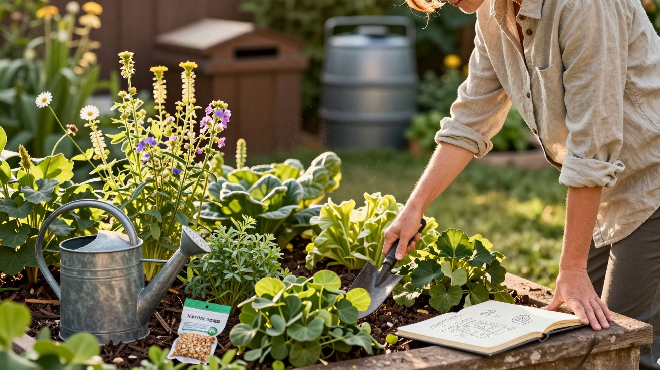 Persoon tuiniert bij verhoogde bak met bloemen, gieter, zadenpakket en open boek in een zonnige achtertuin.