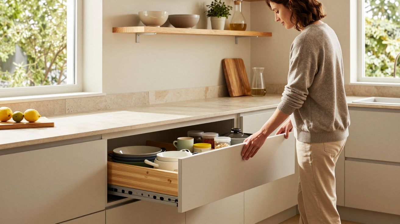 Vrouw opent keukenkast met borden en kopjes, lichte moderne keuken met werkblad en ramen met uitzicht op groen.