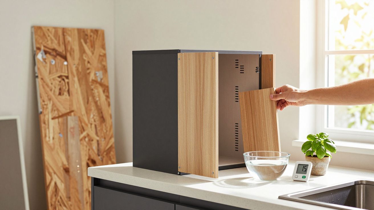 Persoon installeert houten paneel in zwarte kast op aanrecht in keuken met plant en thermometer in background.