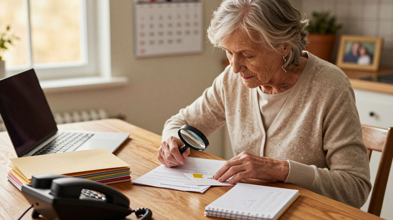Oudere vrouw leest document met vergrootglas aan tafel, met laptop, telefoon en notitieboekje.