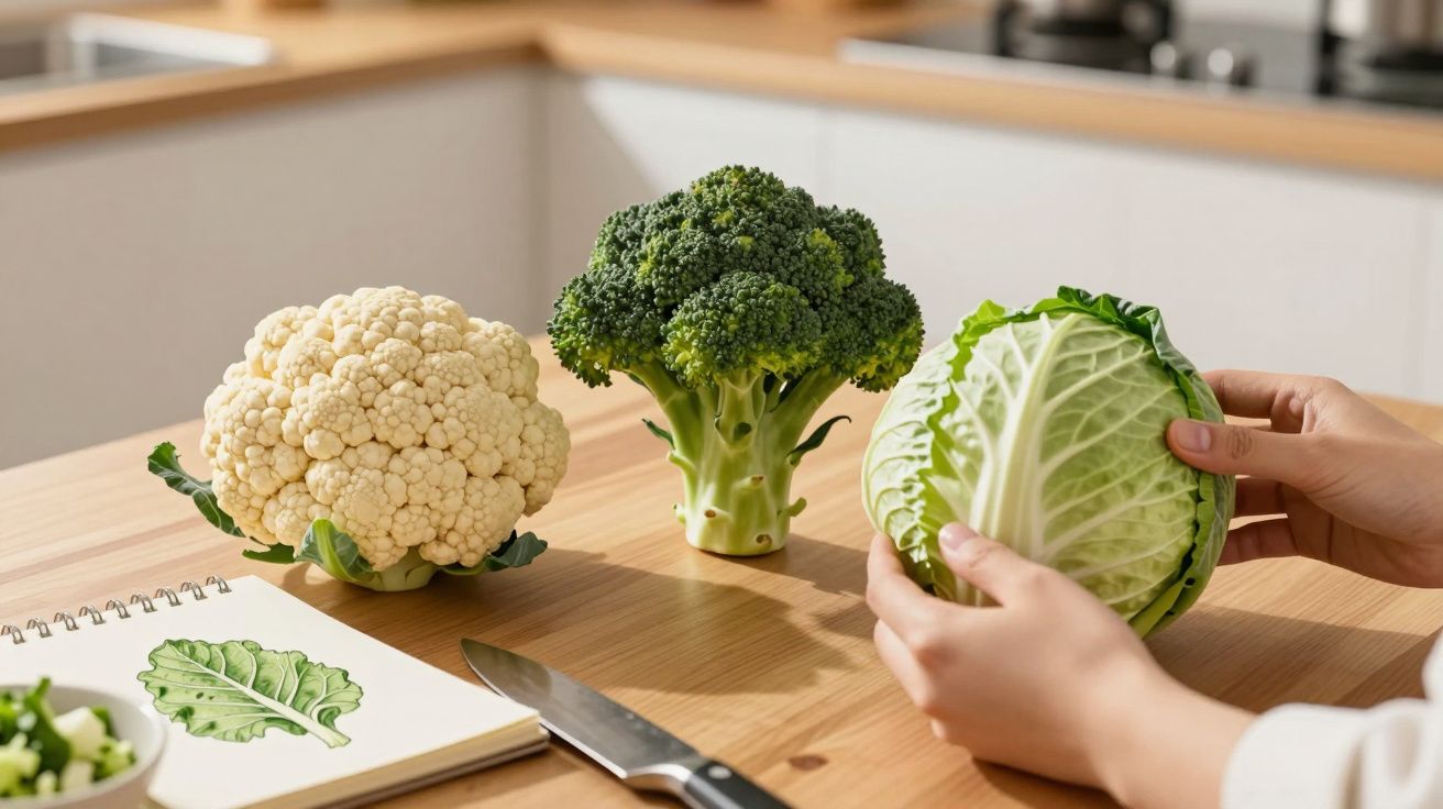 Bloemkool, broccoli en savooikool op een houten tafel met een schetsboek en mes ernaast, handen houden de kool vast.