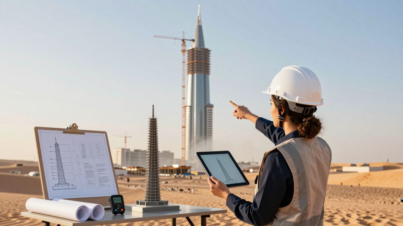 Architect wijst naar wolkenkrabber in aanbouw in de woestijn, met bouwschema en miniatuur op tafel.