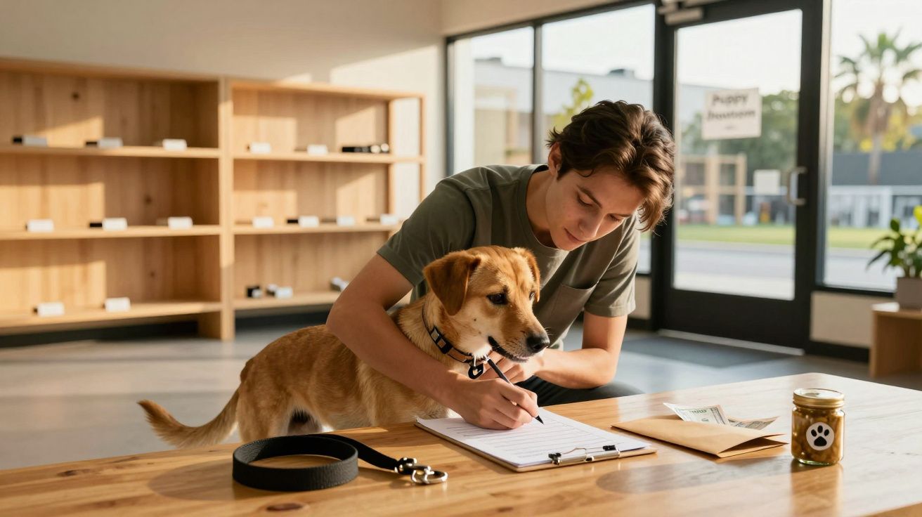 Man schrijft in notitieblok met hond op tafel in winkel. Hondenriem, enveloppen en glazen pot op tafel.
