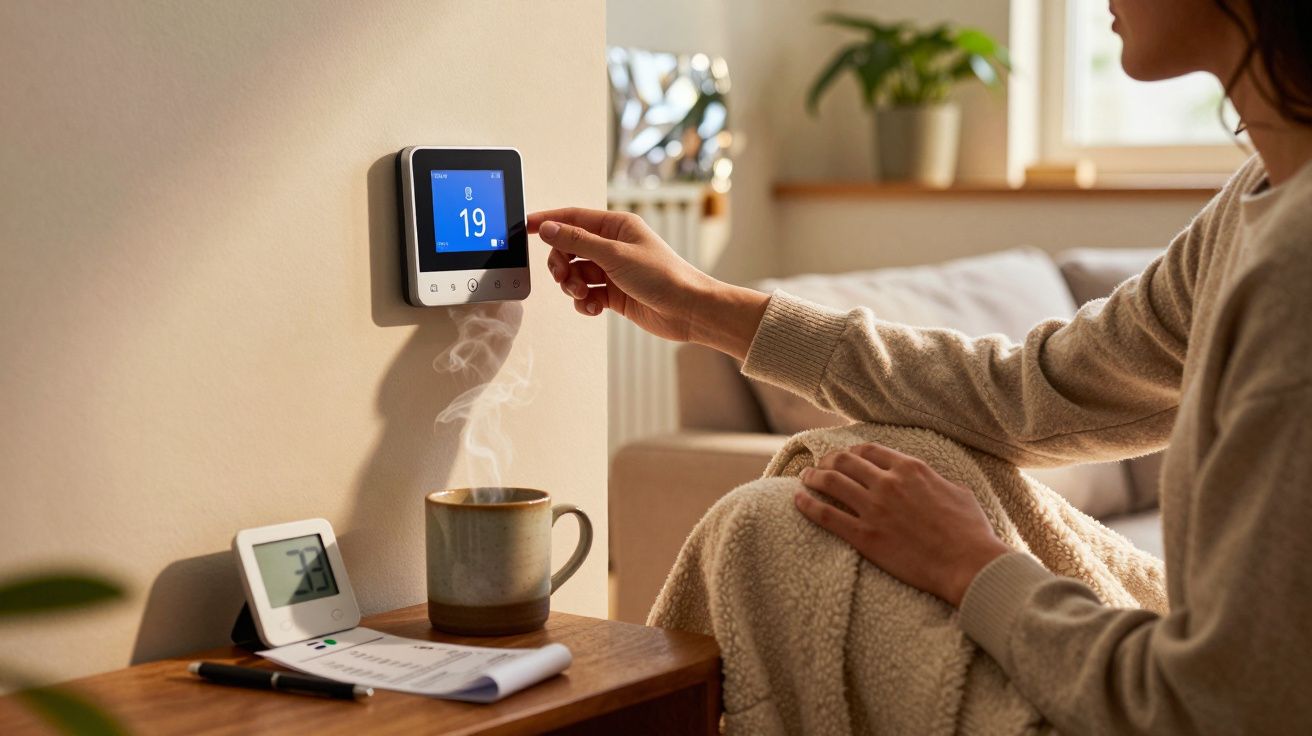 Persoon stelt thermostaat in op 19 graden, met kopje thee op tafel en een thermometer naast een notitieblok.
