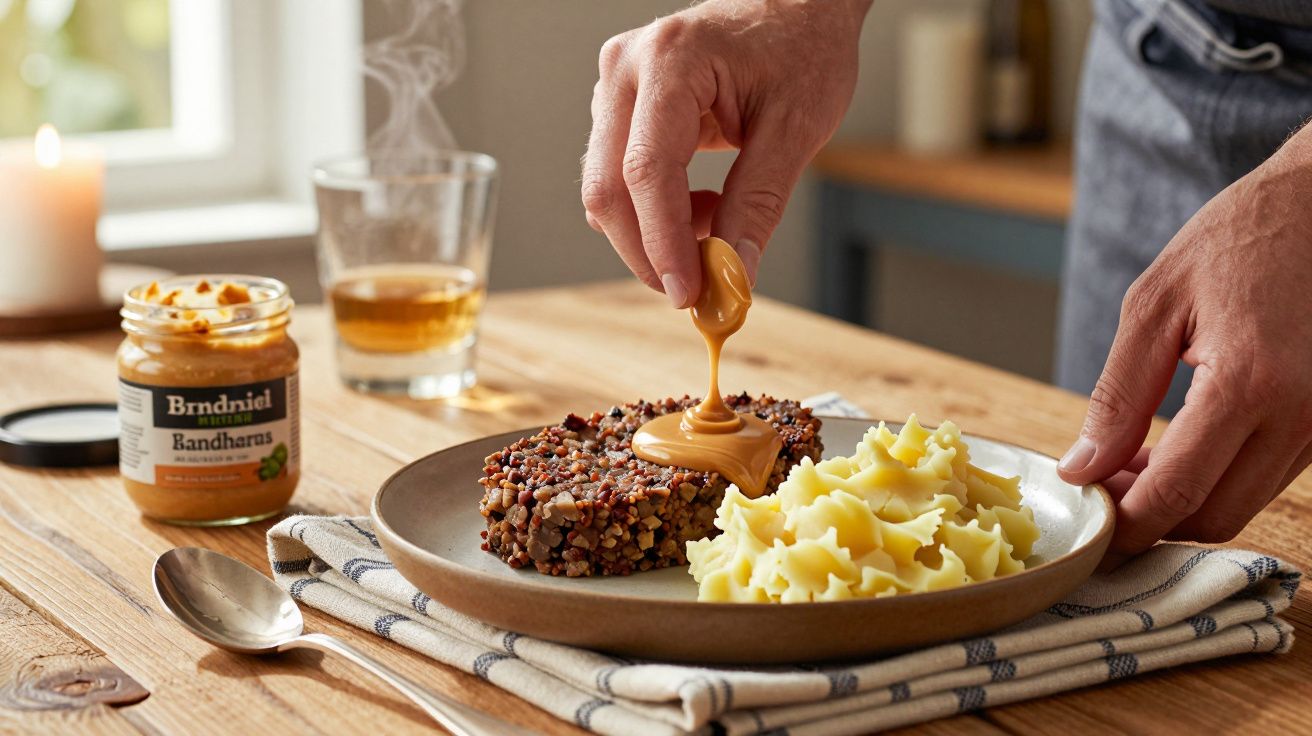 Hand giet saus over een stuk vlees naast aardappelpuree op een bord. Pot saus en glas op de achtergrond.