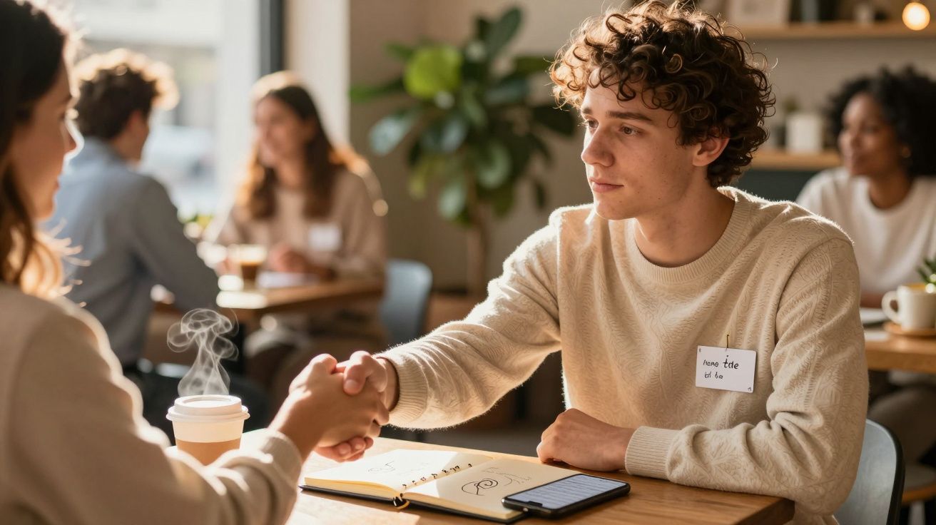 Jonge man met krullend haar schudt handen met vrouw in een café, omringd door andere mensen en pennen op een notitieboekje.