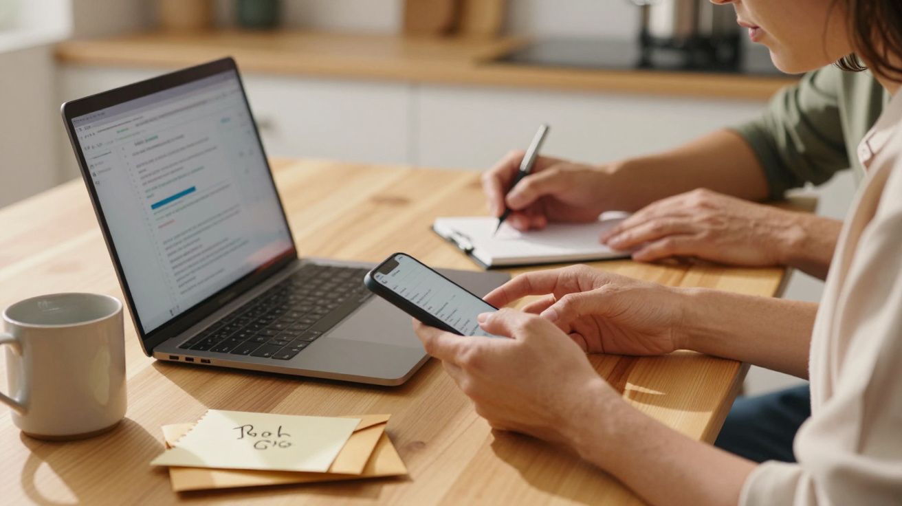 Twee mensen werken aan een tafel met een laptop, smartphone en notitieblok, omgeven door kop koffie en envelop.