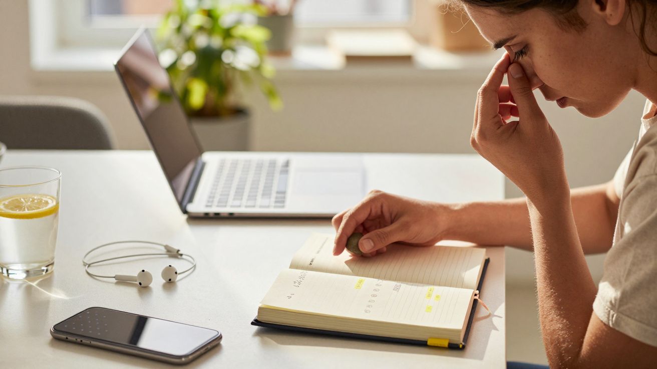 Persoon wrijft ogen, zittend bij een open laptop, notitieboek en telefoon op tafel, met glas water met citroen erbij.