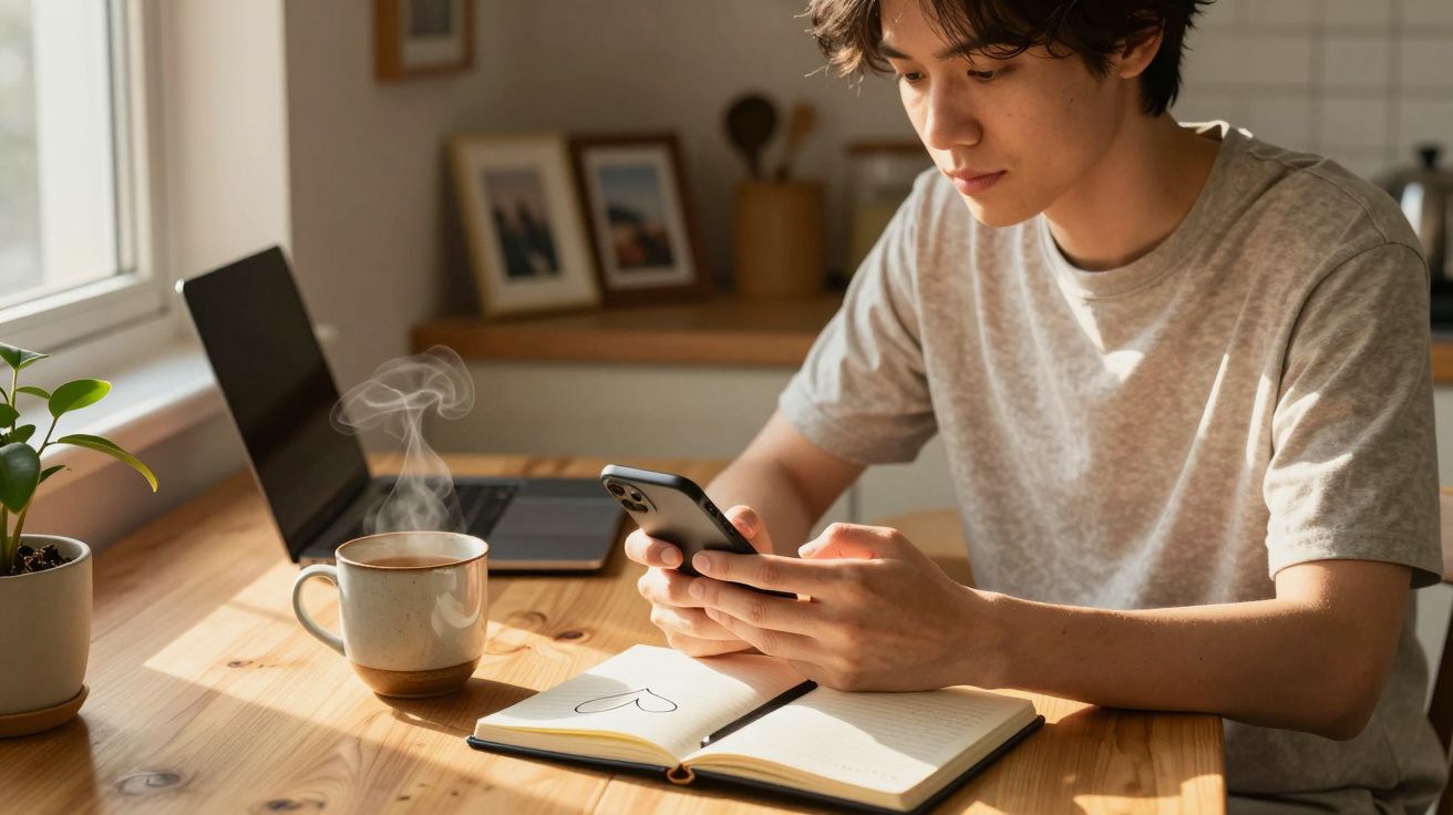Jonge man met een smartphone leest aan tafel met koffie, notitieboekje en laptop bij het raam in natuurlijk licht.