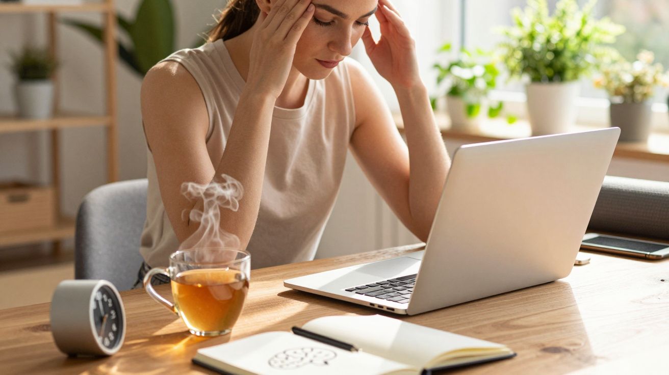 Vrouw achter laptop met hoofdpijn, naast haar een kopje thee en een open notitieboekje op een houten tafel.