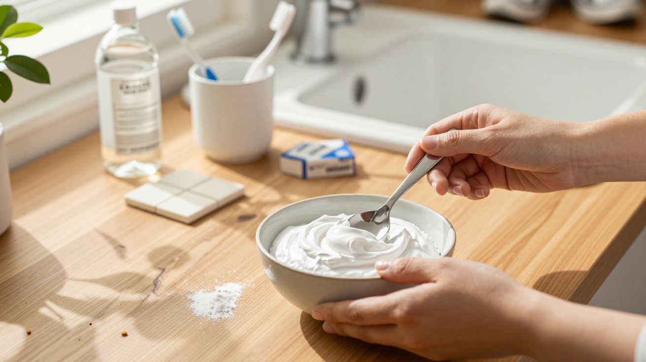 Handen mengen witte substantie in een kom op een aanrecht met tandpasta, borstels en flessen op de achtergrond.