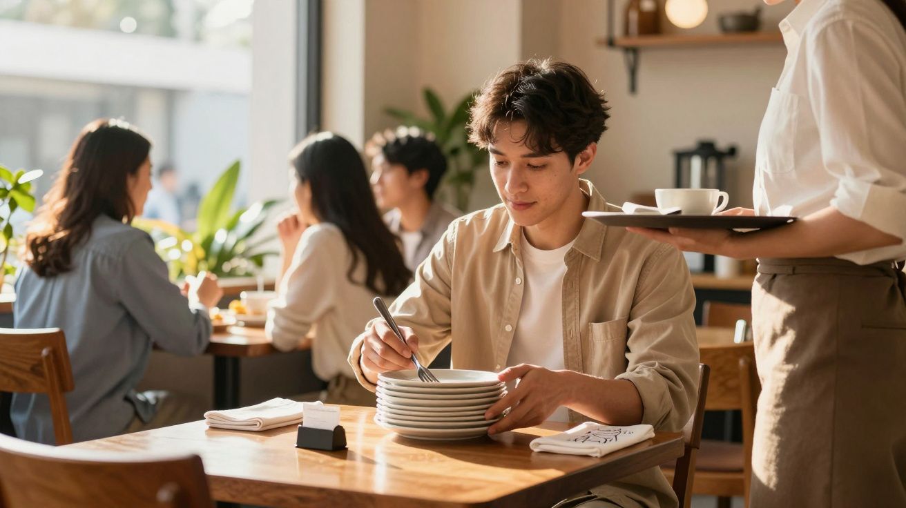 Een man in een café stapelt lege borden op een tafel terwijl een ober koffie brengt. Klanten zitten op de achtergrond.