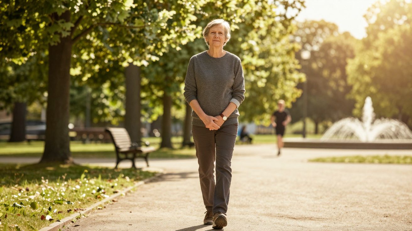 Een vrouw wandelt in een zonnig park met bomen, een bankje en een fontein op de achtergrond.