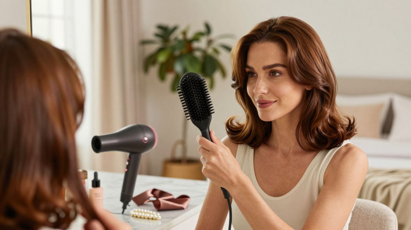 Vrouw met halflang bruin haar borstelt haar haar voor een spiegel; op de tafel een föhn en haarproducten.