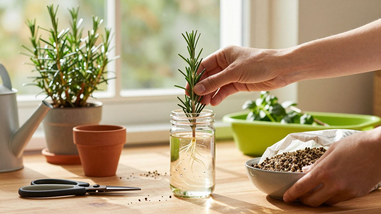 Hand steekt rozemarijn in water in glazen pot. Planten, schaar, en aarde op houten tafel bij raam met zonlicht.