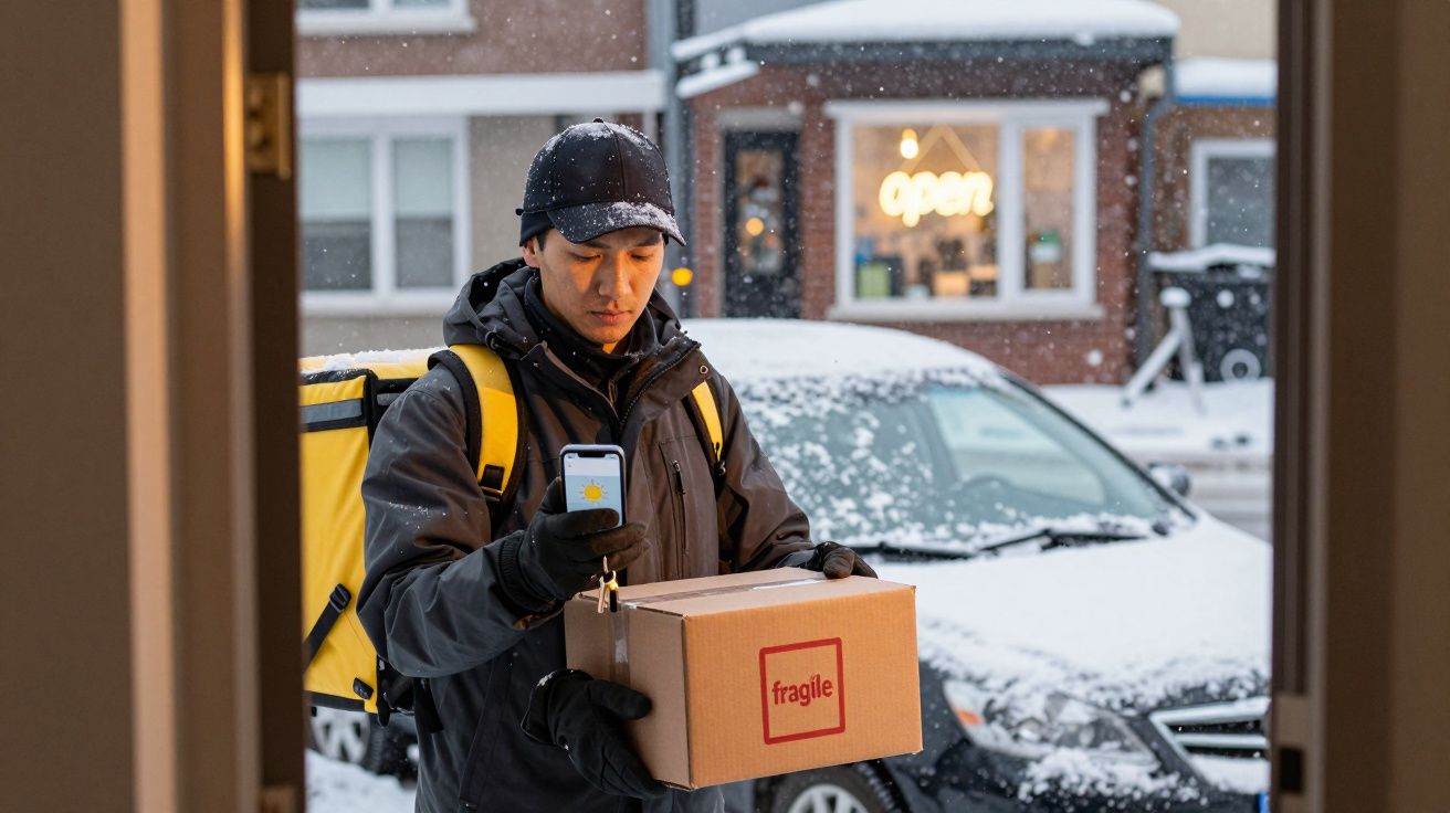 Bezorger in winterjas met gele rugzak en pakket, controleert zijn telefoon, terwijl het sneeuwt buiten een huis.
